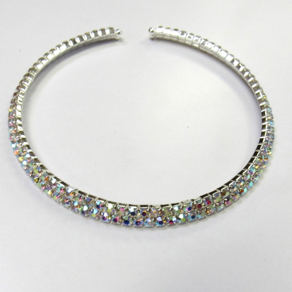 Silver Iridescent Flexible Rhinestone Choker Necklace Set Fancy Sparkle Bling - Picture 2 of 4